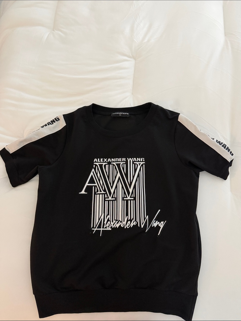 Alexander Wang Black Tee with White Logo and Shoulder Stripes